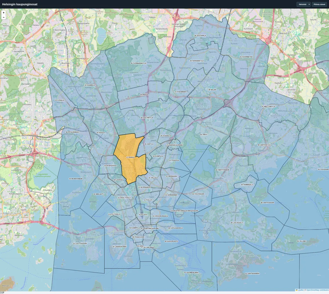 Helsingin kaupunginosat kartalla; Pasila korostettuna